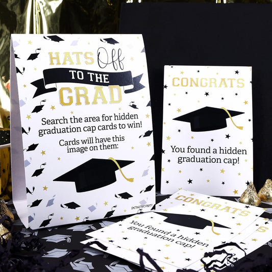 Grad Cap Scavenger Hunt, Graduation Party Games Class of 2026-1 Freestanding Sign and 10 Cards to Hide