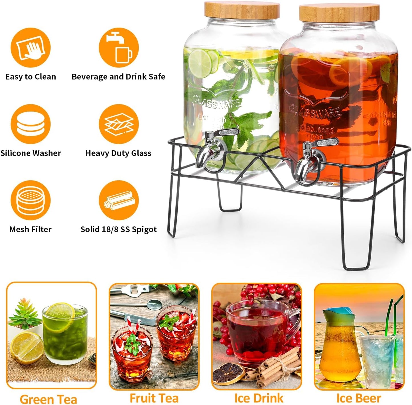 2 Pack 1 Gallon Glass Drink Dispenser with Bamboo Lids, Beverage Dispenser with Stand, Drink Machine for Lemonade, Iced Drinks Kombucha Dispenser for Parties