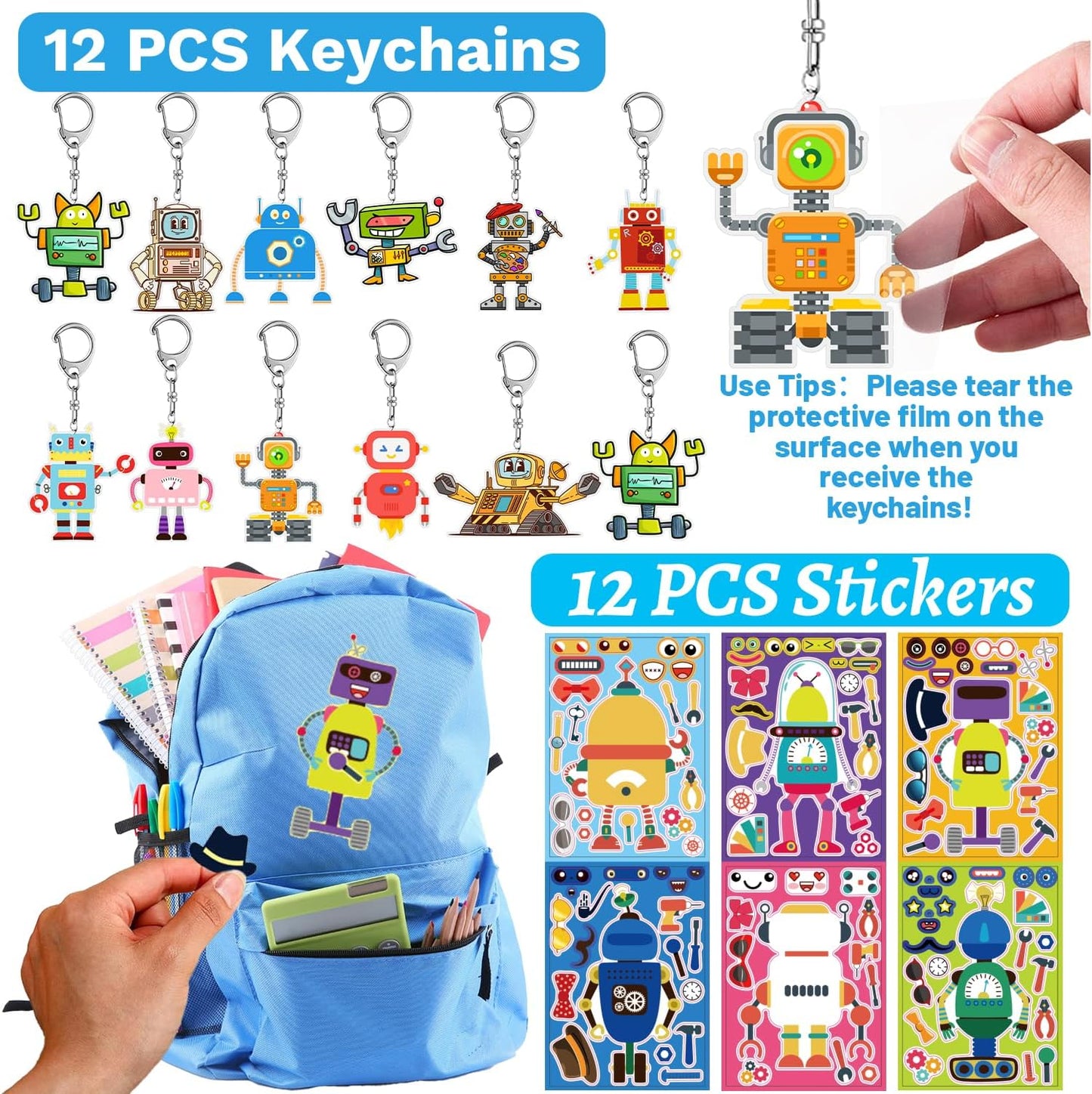 Robot Party Favors, Robot Temporary Tattoos Slap Bracelets Keychains Stickers Badges for Robot Birthday Party Decorations Supplies Gifts for Kids Classroom Rewards