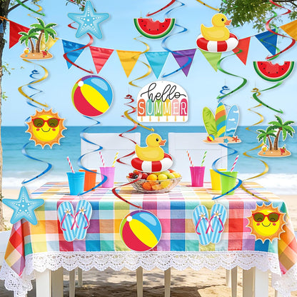 24Pcs Summer Hanging Decorations, Summer Party Ceiling Swirls Cutouts, Beach Theme Hanging Swirls for Home Office Classroom Birthday Beach Party Ceiling Decoration