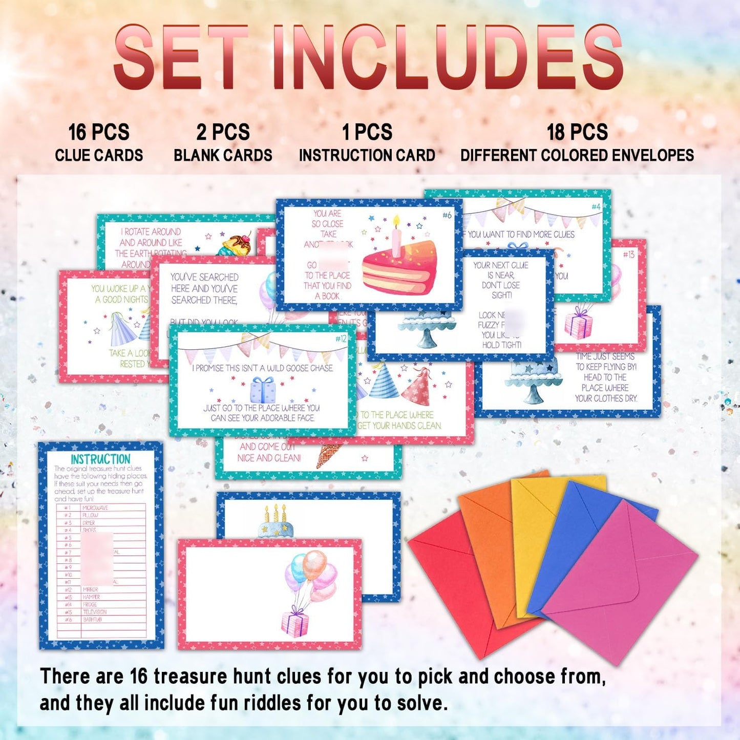 Birthday Treasure Hunt Clue Cards, Cake Scavenger Hunt Game, Set of 19 Cards and 18 Envelopes, Indoor Ourdoor Birthday Party Activities Celebration Game, Birthday Party Decorations - SR7