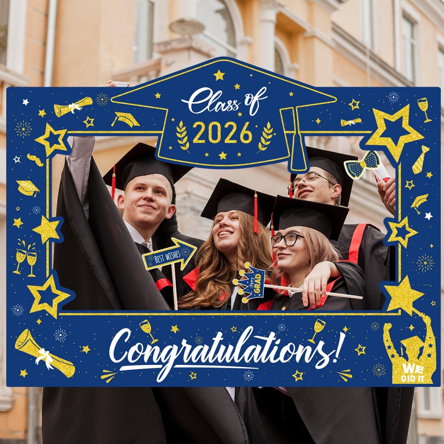 Graduation Decorations Class of 2026 Photo Booth Props - Blue and Gold 2026 Graduation Frame & Photo Props Congrats Grad Class of 2026 Decor for Graduation Party Supplies