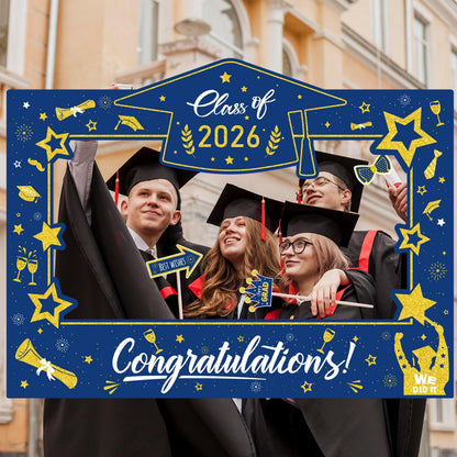 Graduation Decorations Class of 2026 Photo Booth Props - Blue and Gold 2026 Graduation Frame & Photo Props Congrats Grad Class of 2026 Decor for Graduation Party Supplies