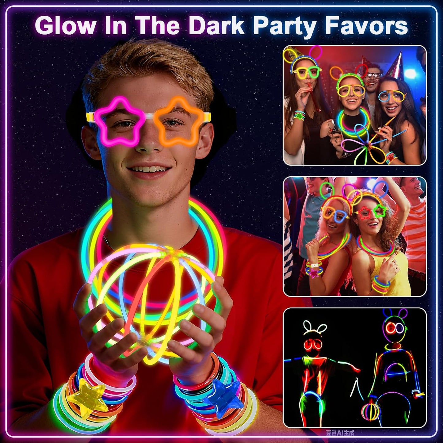 647PCS Glow Sticks, Glow in the Dark Party Favors Party Supplies for Adults Glow Sticks Bulk & Connectors Light Up Glasses Headbands Bracelets Necklace for football Birthday Wedding Patriotic