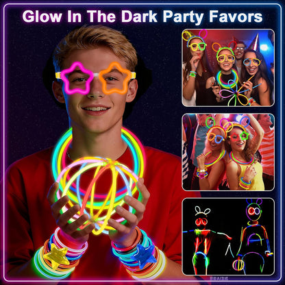 647PCS Glow Sticks, Glow in the Dark Party Favors Party Supplies for Adults Glow Sticks Bulk & Connectors Light Up Glasses Headbands Bracelets Necklace for football Birthday Wedding Patriotic