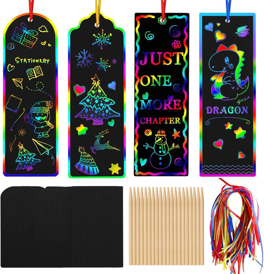 AUGSUN 96 Set Magic Scratch Rainbow Bookmarks Making Kit for Kids Students Christmas Party Favor Scratch Paper DIY Bookmarks Bulk with Bamboo Stylus (Regular)