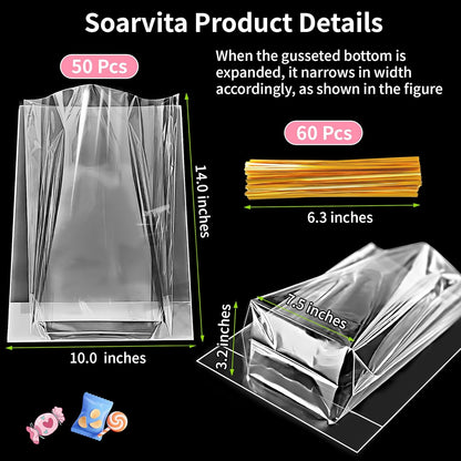 Soarvita 7x10 Inch Cellophane Treat Bags, 50 Pcs Clear Gift Bags with Bottom Gusset for Stand-Up Display, Cellophane Gift Wrap with 60 Gold Ties for Goodies, Treats, Candy, Party Favors, Toys
