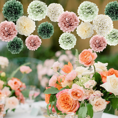 BestoFun 16 PCS Sage Green Party Decorations Tissue Paper Flowers Christmas Party Decors Hanging Pom Poms Decorations for Xmas New Year Winter Holiday Decorations
