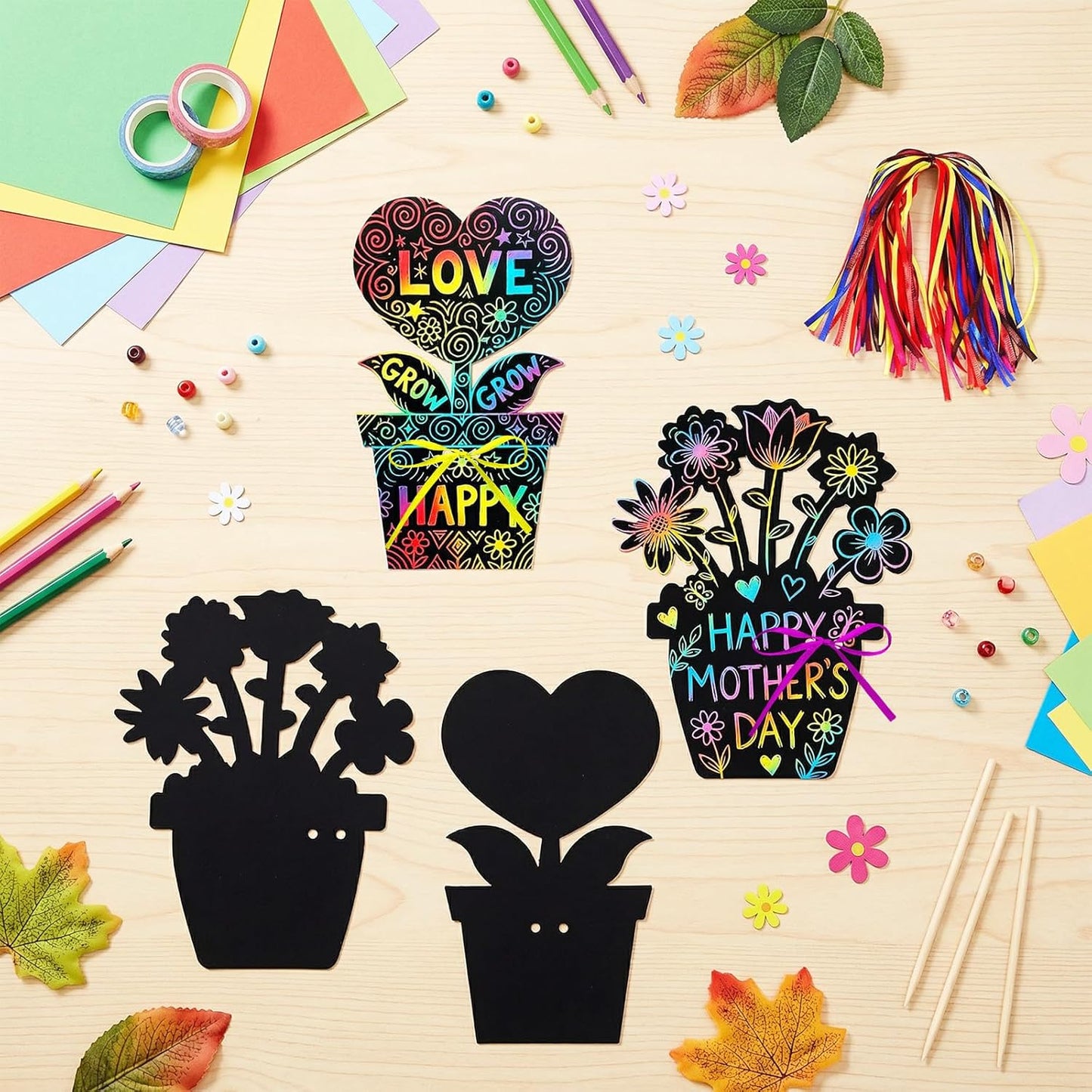 Dhthdrh 60 Pcs Flower Scratch Cards Craft Graduation Mothers Day Flower Pot Scratch Cards DIY Magic Rainbow Paper Craft Art DIY Hanging Art Kit Drawing Coloring Sheet for Men Women Teacher