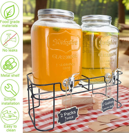 1 Gallon Glass Drink Dispenser for Parties, 2 Packs Juice Lemonade Ice Tea Water Dispenser with Stand, HENABLE Beverage Dispensers with Spigot for BBQ, Picnic, Party