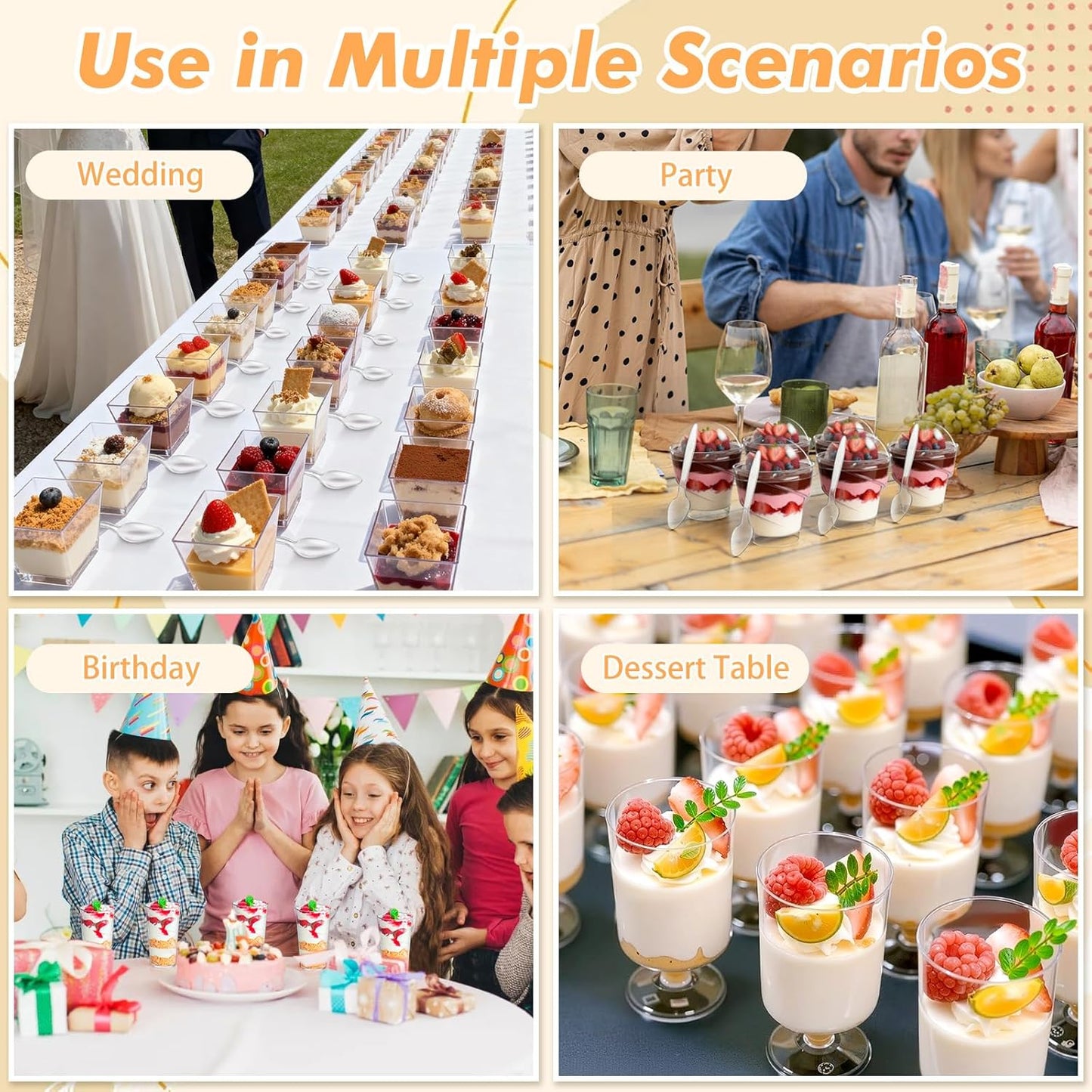 mwellewm 400 Pcs Dessert Cups with Lids and Spoons, 5 OZ Parfait Cups 3 OZ Plastic Desert Cups Clear Mini Shooter Cups for Party Reusable Small Appetizer Serving Fruit Cup Ice Cream Cake Pudding