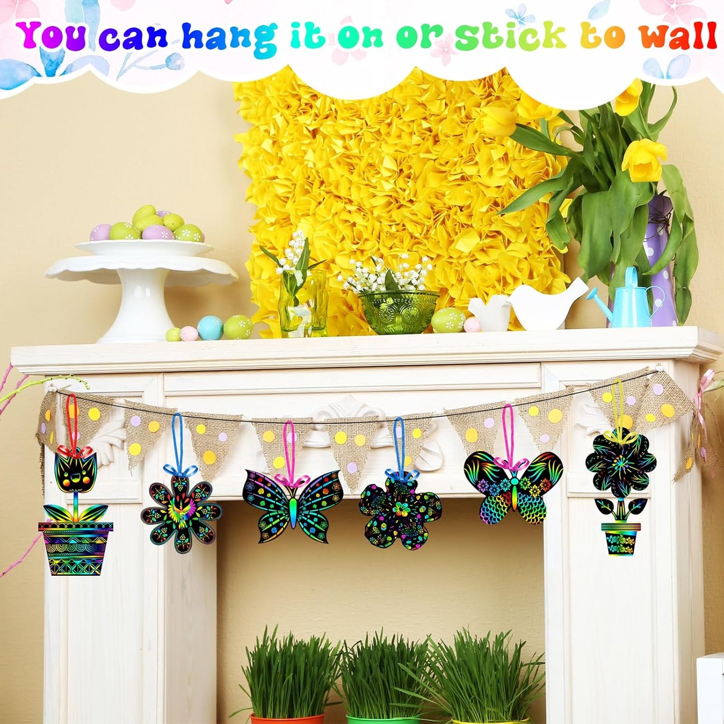 HyDren 80 Pcs Spring Scratch Cards Rainbow Flower Butterfly Scratch Paper Tea Party Theme Flower Crafts with Bamboo Stylus and Ribbon for Adult Home DIY Craft(Classic Style)