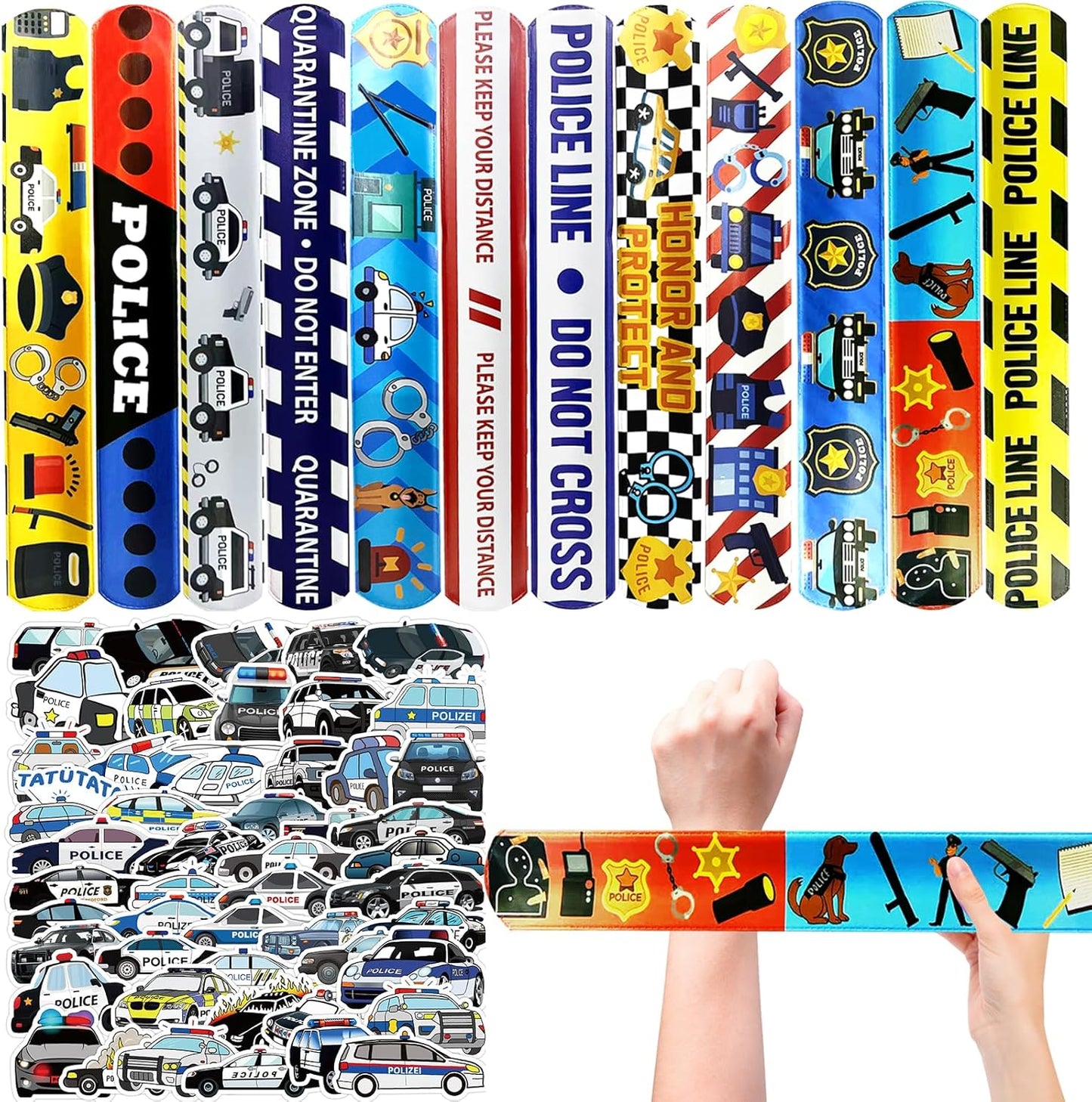 74PCS Police Theme Slap Bracelets and Stickers Set – 24 Slap Bracelets & 50 Stickers – Perfect for Party Decorations, Police Theme Events Birthday Parties Police Gift Bag Fillers