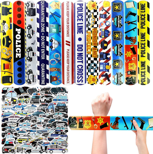 74PCS Police Theme Slap Bracelets and Stickers Set – 24 Slap Bracelets & 50 Stickers – Perfect for Party Decorations, Police Theme Events Birthday Parties Police Gift Bag Fillers