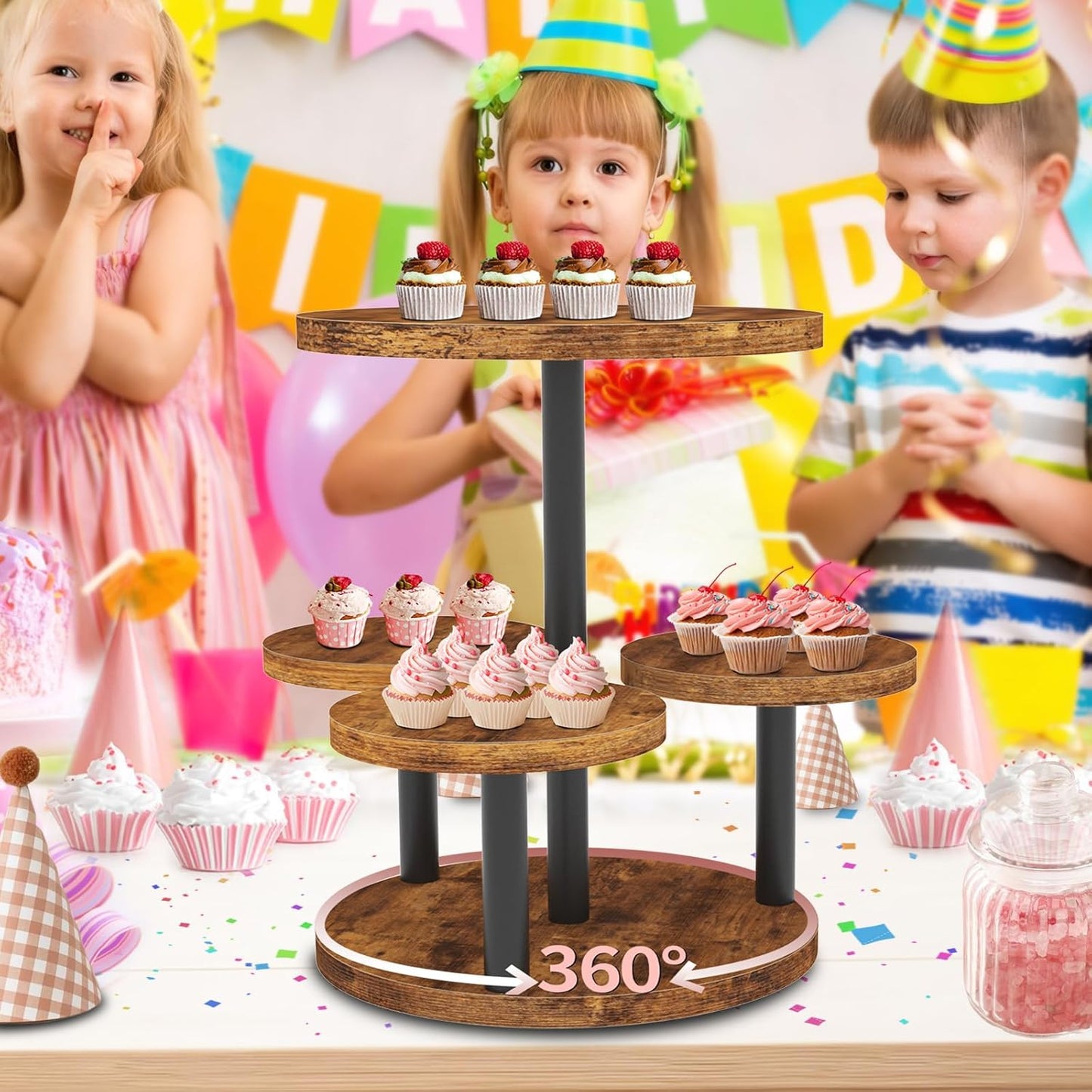 Cupcake Stand, Rotatable Cupcake Stand, Rustic Industrial Wood Cake Stand Cupcake Tower, Dessert Table Display Set Tiered Tray Stand, Round Serving Tray Cake Stands for Party Wedding Birthday