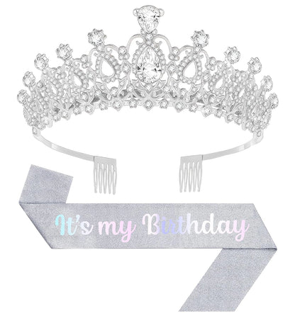 Birthday Tiara and Crown with Sash, Birthday Tiara for Women Party Silver