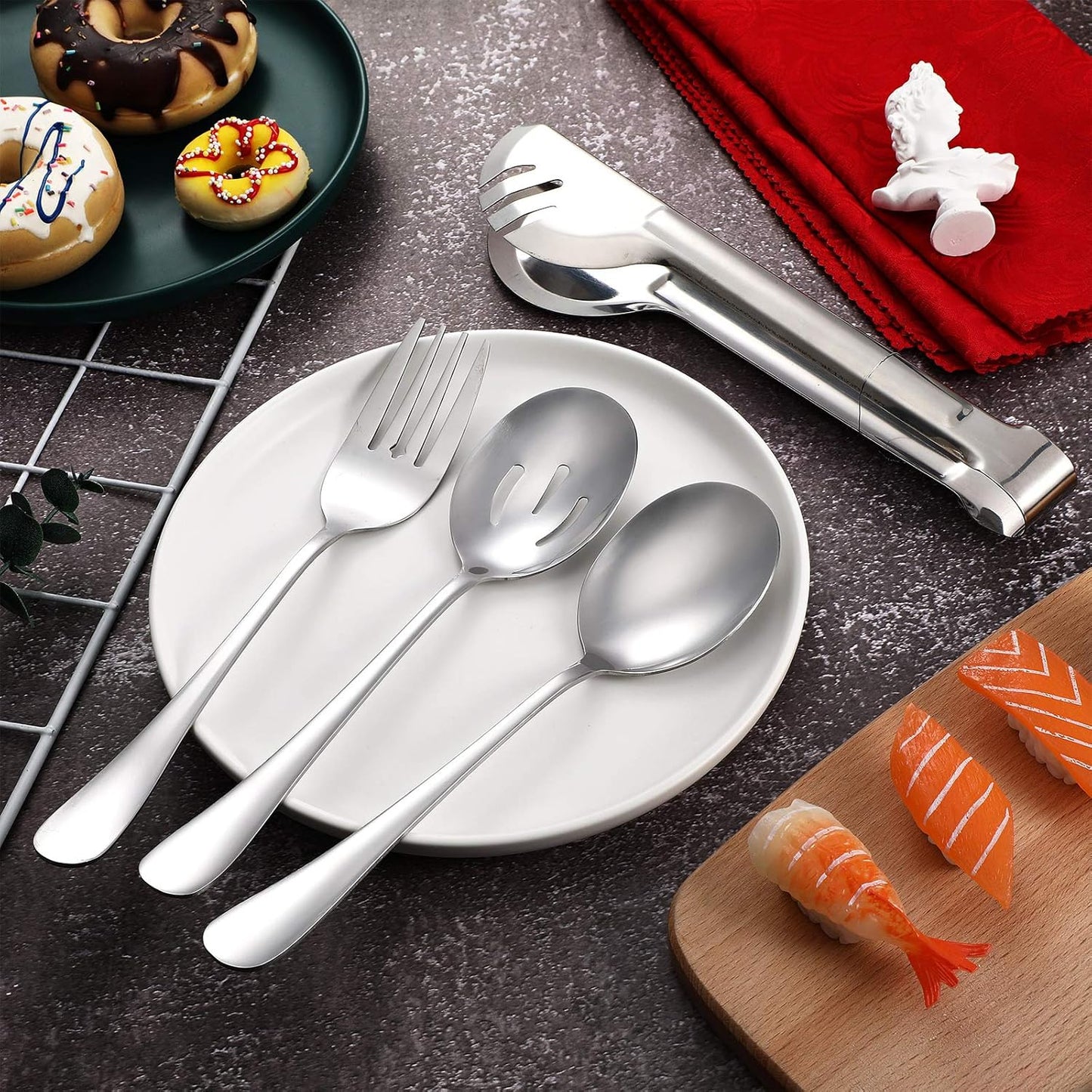 Patelai 15 Pcs Black Stainless Steel Serving Utensil Set 8.7" Large Spoons and Slotted Spoon 9.45" Tong 9" Forks Flatware Wedding Party Restaurant Cooking Kitchen Holiday Buffet Banquet Catering Hotel