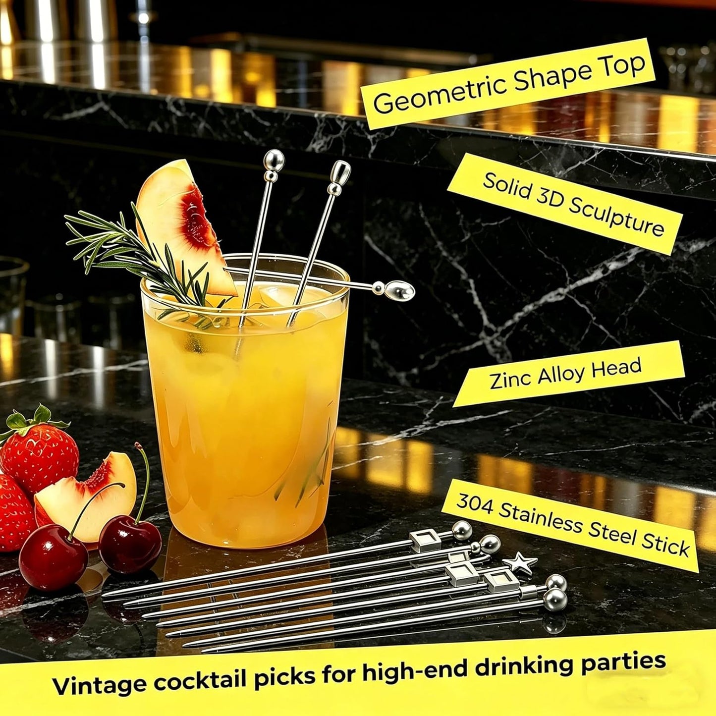 Homestia Stainless Steel Cocktail Picks, 4.7 Inch Reusable Martini Olive Picks, Metal Garnish Skewers for Drinks, Appetizers, Bloody Mary - Set of 6 Metal Cocktail Picks for Party Bar