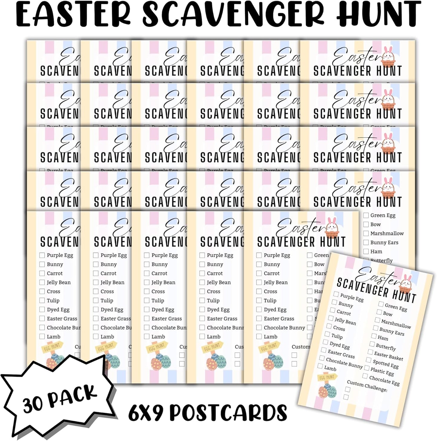 Easter Scavenger Hunt Clues 30pk 6x9” Card Stock Paper Postcards Group Game Party In Your House Check Off Things Challenge Friends Family Ideas Christian Bunny Bucks