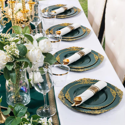 Nervure 350PCS Gold Plastic Plates - Gold Plastic Dinnerware Sets for 50 Guests - 100 Disposable Plates, 150 Silverware, 50 Cups, 50 Napkins for Wedding & Party & Mothers Day