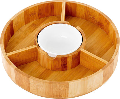 Strova Chip and Dip Serving Bowl – Wooden Appetizer Platter Set with Dip Cup for Salsa, Guacamole, Nacho, Vegetables, Taco Chip, Snacks and More – 12 Inch Diameter. Perfect for the BIG GAMES !