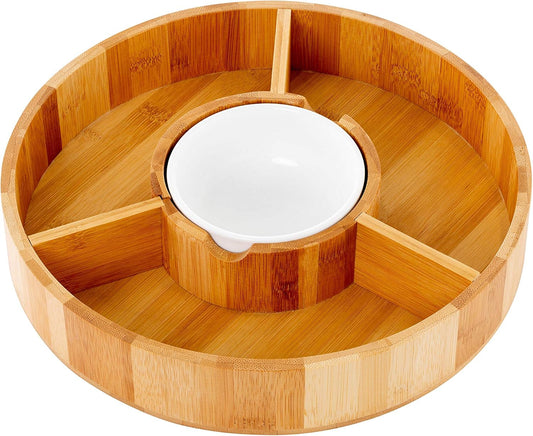 Strova Chip and Dip Serving Bowl – Wooden Appetizer Platter Set with Dip Cup for Salsa, Guacamole, Nacho, Vegetables, Taco Chip, Snacks and More – 12 Inch Diameter. Perfect for the BIG GAMES !