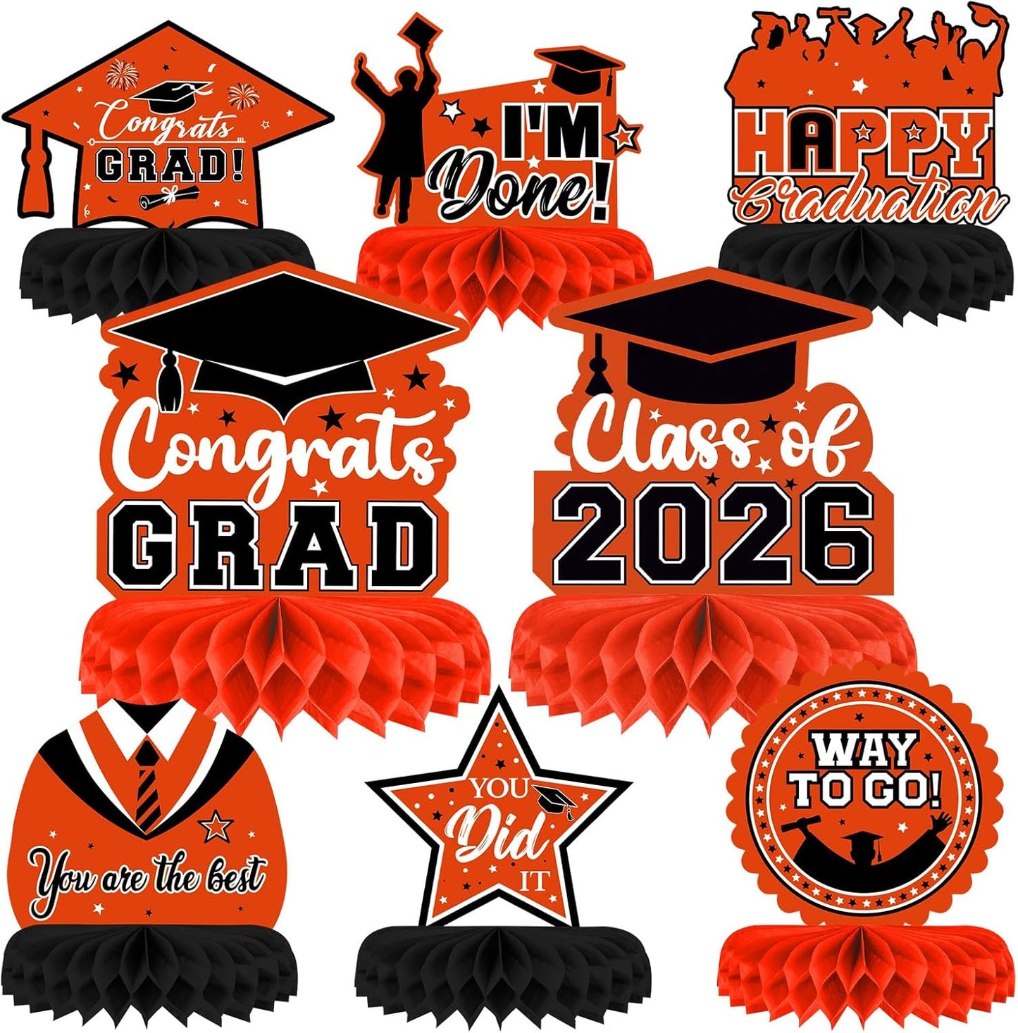 8 Pieces Class of 2026 Graduation Table Decorations - 2026 Congrats Grad Honeycomb Centerpieces, Red Black Graduation Table Toppers Decor for 2026 Graduation Party Decorations Favor Supplies