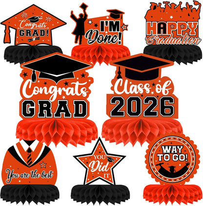 8 Pieces Class of 2026 Graduation Table Decorations - 2026 Congrats Grad Honeycomb Centerpieces, Red Black Graduation Table Toppers Decor for 2026 Graduation Party Decorations Favor Supplies