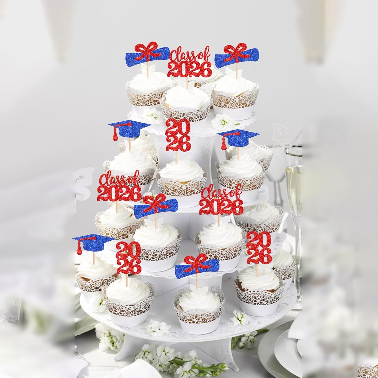 36 PCS 2026 Graduation Theme Cupcake Toppers Glitter Class of 2026 Grad Cap Diploma Cupcake Picks 2026 Graduation Theme Party Cake Decorations Supplies Deep Blue