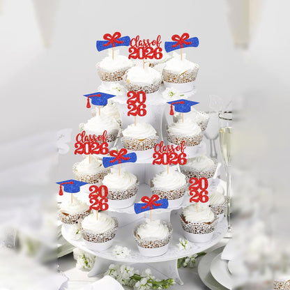 36 PCS 2026 Graduation Theme Cupcake Toppers Glitter Class of 2026 Grad Cap Diploma Cupcake Picks 2026 Graduation Theme Party Cake Decorations Supplies Deep Blue