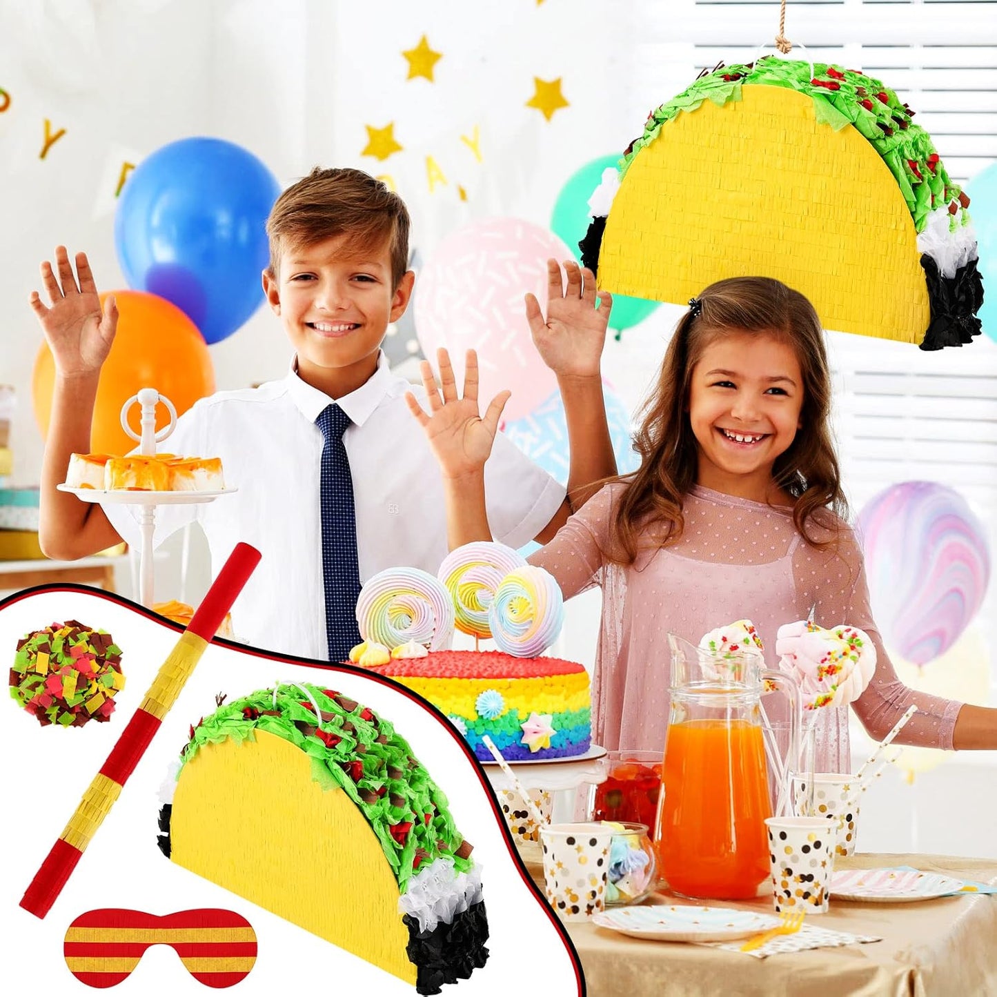Mini Taco Piñata Mexican Decorations Taco Party Supplies Fiesta Cinco De Mayo Party Decorations with Wooden Stick Paper Blindfold Confetti Set for Adults Girls and Boys, 15.8x 10.3 x 2.8 Inch