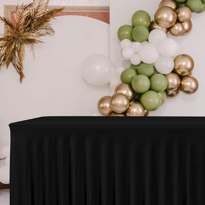 HolidayIdeas 2 Pack Spandex Table Skirt for 6 Ft Rectangle Tables, Black Fitted Stretch Tablecloth 30 x 72 Inch, Wrinkle Resistant Ruffle Design for Wedding Banquets, Trade Shows, Parties