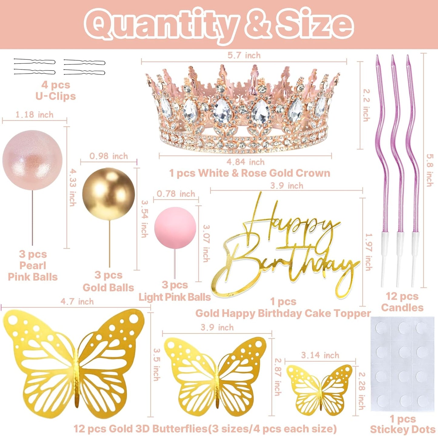 Crown Cake Topper, Balls Happy Birthday Cake Topper Pink Crown Birthday Candles Gold Butterflies, Corona Para Pastel, Cake Decorations for Birthday Wedding (Gold, Pink)