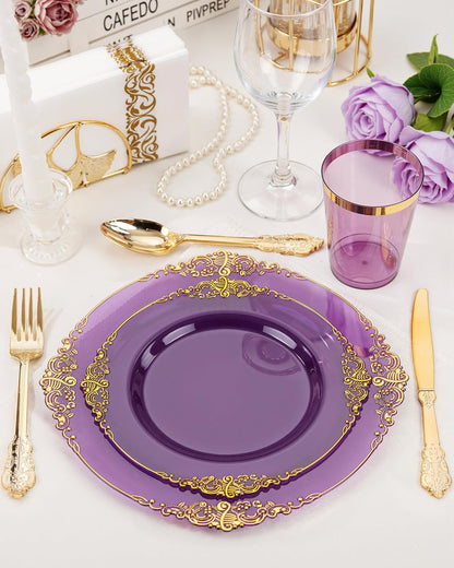 Nervure 350PCS Gold Plastic Plates - Gold Plastic Dinnerware Sets for 50 Guests - 100 Disposable Plates, 150 Silverware, 50 Cups, 50 Napkins for Wedding & Party & Mothers Day