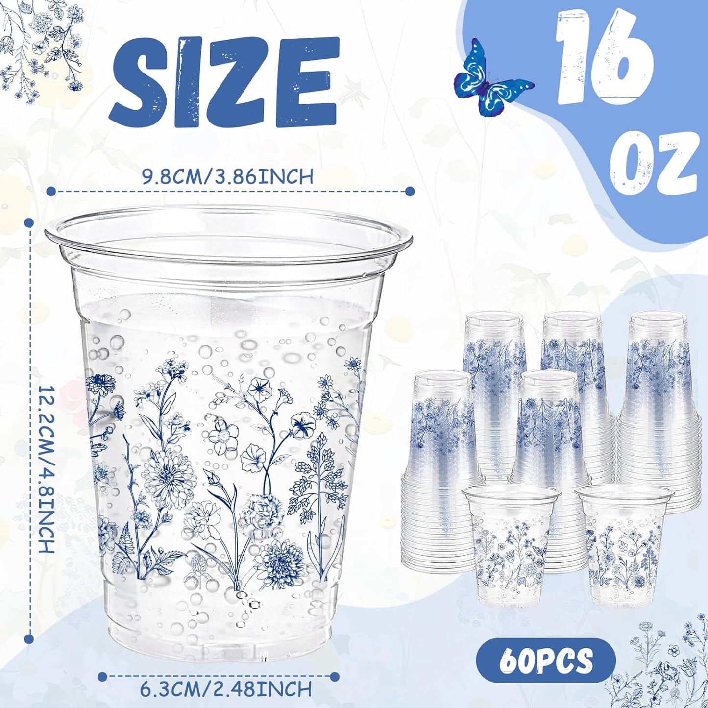 Hushee 60 Pcs Purple Floral Cups with Spring Summer Flower 16 oz Wildflowers Plastic Disposable Drinking Cups for Summer Spring Birthday Baby Shower Wedding Party Supplies