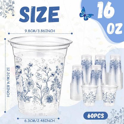 Hushee 60 Pcs Purple Floral Cups with Spring Summer Flower 16 oz Wildflowers Plastic Disposable Drinking Cups for Summer Spring Birthday Baby Shower Wedding Party Supplies