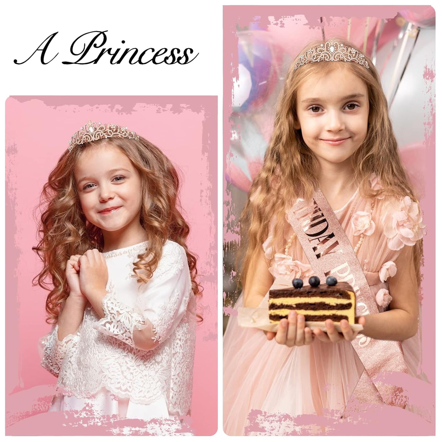 CIEHER Princess Crown and Birthday Sash Set, Pink Tiara for Women, Birthday Decorations for Girls, Gifts