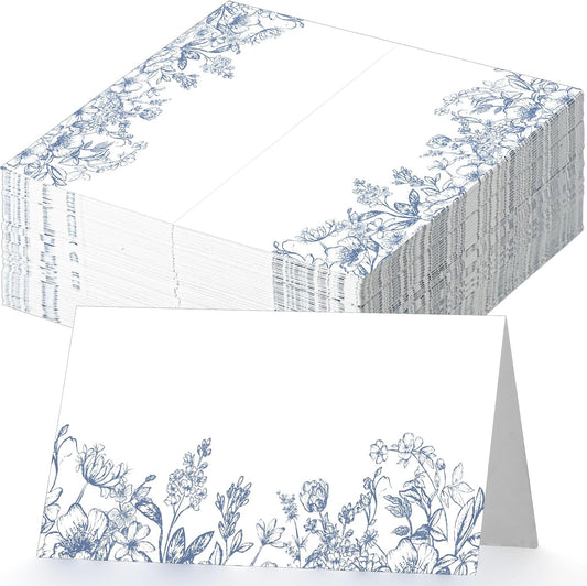 Dunzoom 100 Pcs Blue Floral Place Cards 3.5" x 2" Chinoiserie Blue White Flower Tented Name Card Blank Table Name Sign for Wedding Baby Shower Birthday Party Banquet Table Setting Supplies