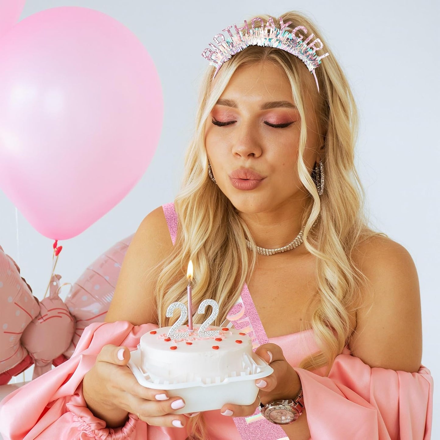 COCIDE Birthday Girl Headband & Sash - Birthday Crown for Women & Girls Pink Glitter Letter Tiara Birth Day Decorations Accessories Gift for Her (A1 Pink)