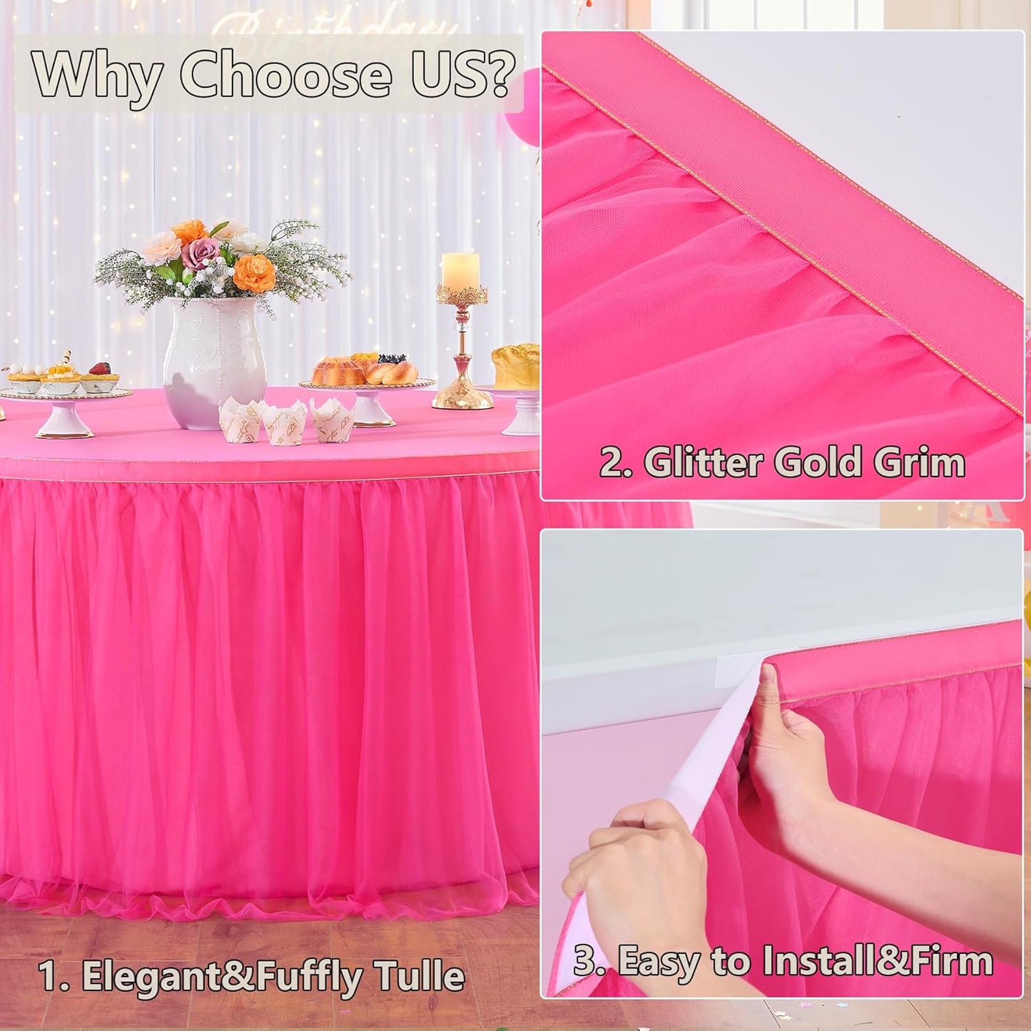 72inch Champagne Gold Tulle Table Skirts for Rectangle Round Tables, Gold Grim Ruffle Tulle Tutu Cloth Table Skirt 6ft for Wedding Birthday Party Cake Dessert Decor(No Top Cover)