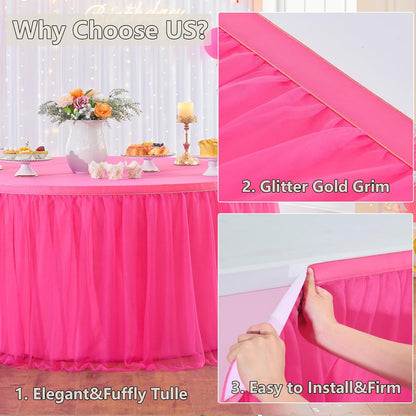 72inch Champagne Gold Tulle Table Skirts for Rectangle Round Tables, Gold Grim Ruffle Tulle Tutu Cloth Table Skirt 6ft for Wedding Birthday Party Cake Dessert Decor(No Top Cover)