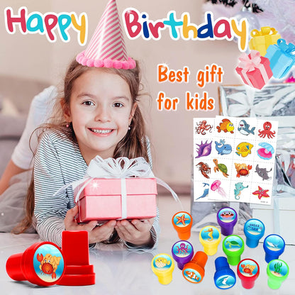 36PCS Ocean Party Favors - 24PCS Pre-Cut Temporary Tattoos & 12PCS Stamps - Ideal Sea Creature Under the Sea Themed Birthday Card Decoration Supplies Goodie Bag Kids Gifts Classroom Rewards Prizes