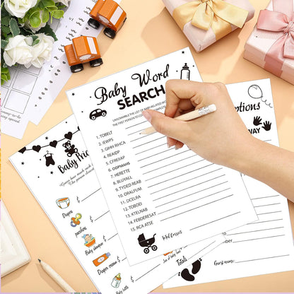 Yinder 145 Pcs Baby Shower Games Activities Cards with 20 Pencils Includes Baby Bingo Description and Wishes Guess Who Price is Right Word Scramble Game(Here Comes the Son)