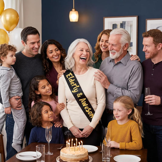 Elderly and Awesome Glitter Sash - Funny Birthday Party Sash for Him or Her - Retirement Decorations, Supplies and Gifts