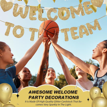 Fulmoon Pre Strung Welcome to The Team Banner with Two Heart Signs, NO DIY, Glitter Welcome Party Supplies for New Employee, Coworker, Colleague, Staff, Team Member Office Decorations(Champagne Gold)