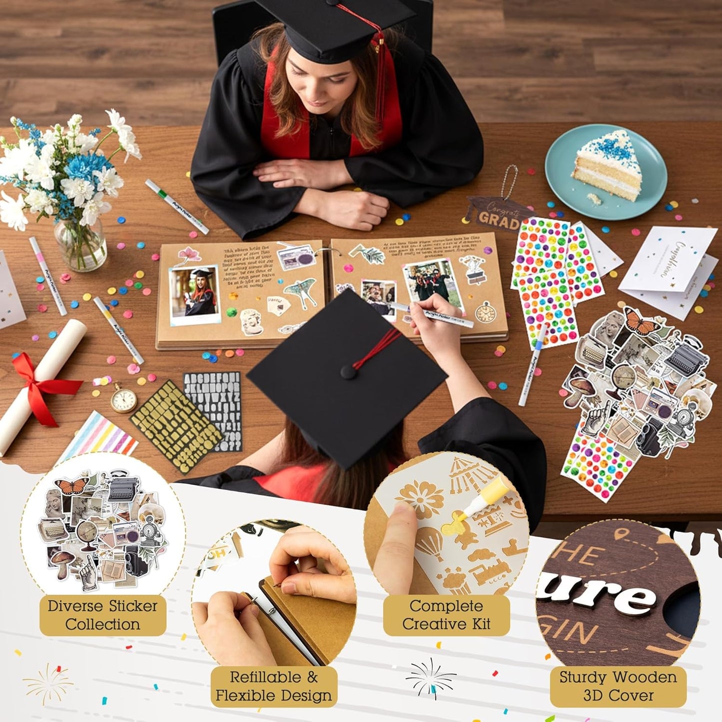 TICIAGA Congrats Grad Scrapbook Album Kit - 108PCS Large Wooden Graduation Photo Album Craft Set for Students, 11.8x8.6 Class of 2026 Memory Keepsake Book for High School College Graduation Party Gift