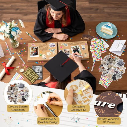 TICIAGA Congrats Grad Scrapbook Album Kit - 108PCS Large Wooden Graduation Photo Album Craft Set for Students, 11.8x8.6 Class of 2026 Memory Keepsake Book for High School College Graduation Party Gift
