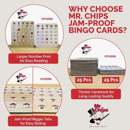 MR CHIPS Jam-Proof Bingo Cards with Sliding Windows, 25 Reusable Shutter Cards, 75 Calling Cards 1 Master Board in Tan Woodgrain Style