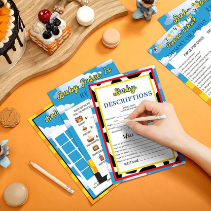 Yinder 145 Pcs Baby Shower Games Activities Cards with 20 Pencils Includes Baby Bingo Description and Wishes Guess Who Price is Right Word Scramble Game(Here Comes the Son)