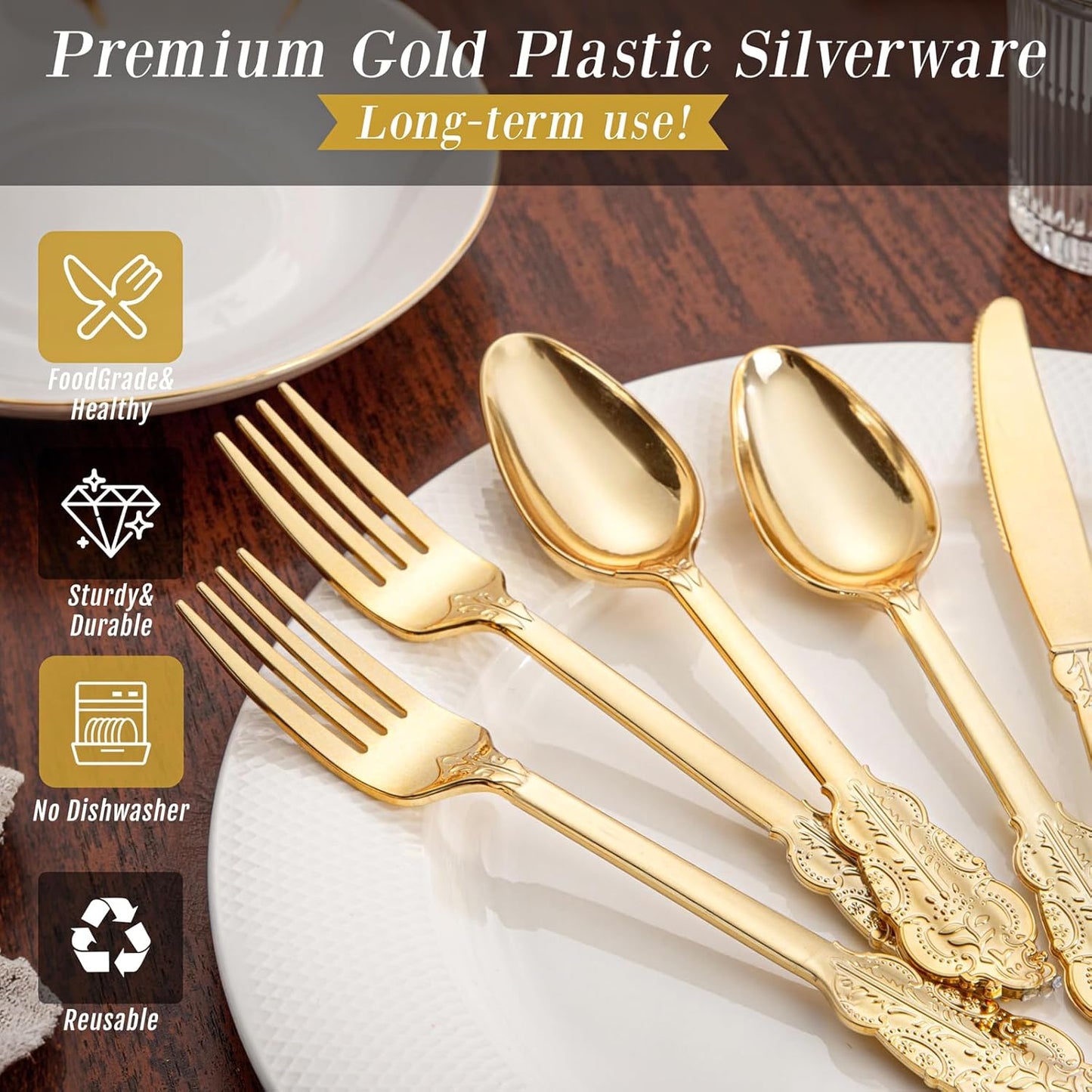 WDF300 Pieces Gold Plastic Silverware - Heavy Duty Disposable Cutlery Set Plastic Gold Silverware Set Includes 100 Forks, 100 Spoons, 100 Knives for Party Baby Shower Wedding Spring
